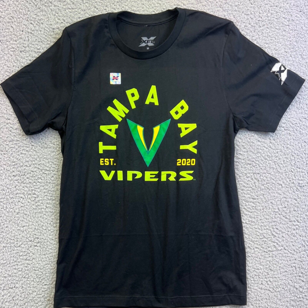 XFL Tampa Bay Vipers Men’s Tee Med Crew Neck Short Sleeves Black T- Shirt UNISEX